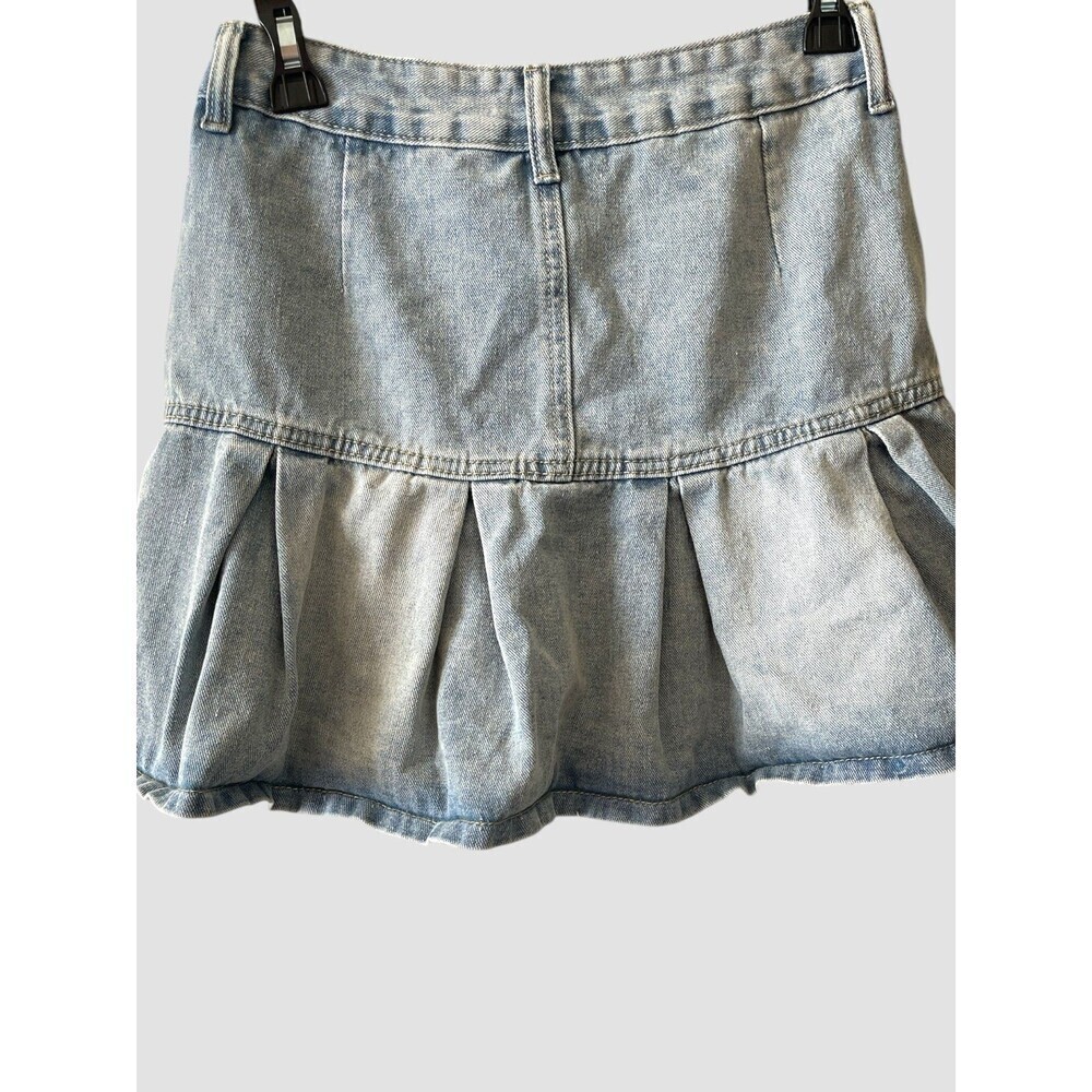 Women’s Denim Pleated Skirt Y2K Fringed Pockets Stretch Sz Medium Cotton Viscose - Picture 5 of 7